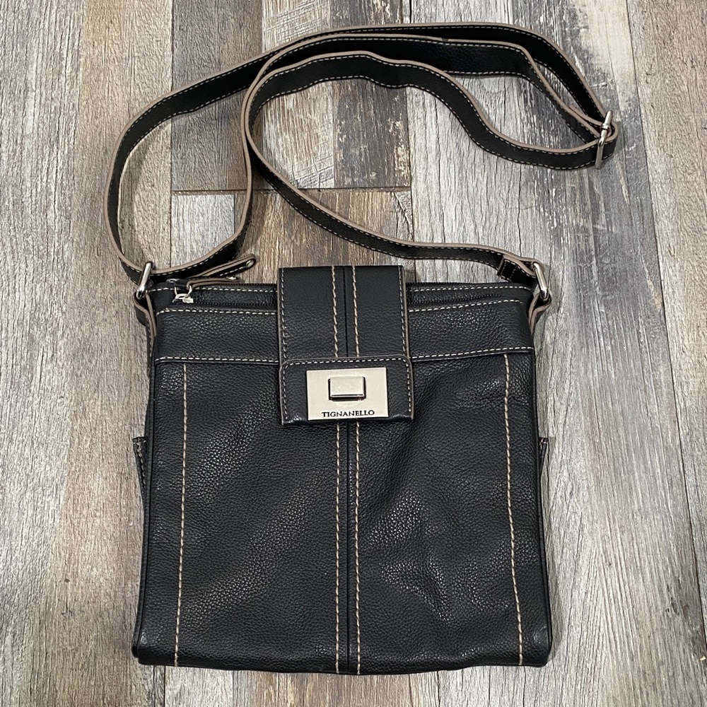 Women Tignanello Black Leather Crossbody Bag